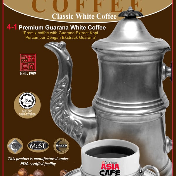 A silver coffee pot and cup of black coffee, with text for "4-1 Premium Guarana White Coffee".