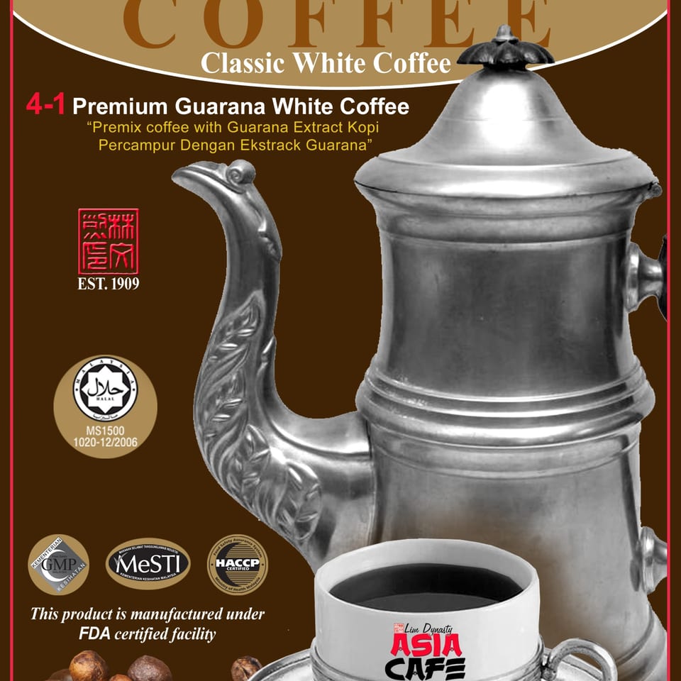 A silver coffee pot and cup of black coffee, with text for "4-1 Premium Guarana White Coffee".