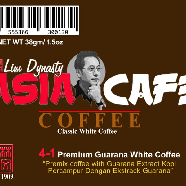 Lim Dynasty Asia Cafe coffee packaging with a barcode, text, and a man's portrait.