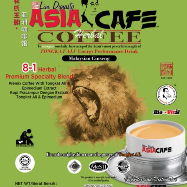 Lim Dynasty Asia Cafe & Xpress coffee packaging with a roaring lion and a cup of coffee.