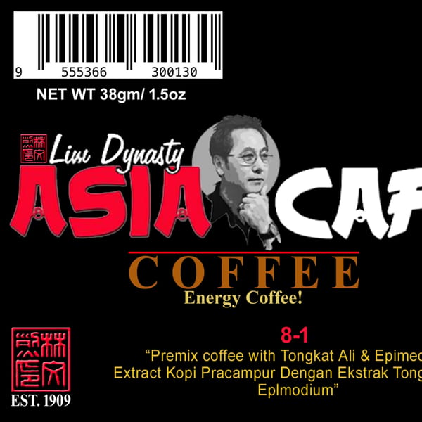 Lim Dynasty Asia Cafe coffee packaging with a barcode, weight, and text about energy coffee.