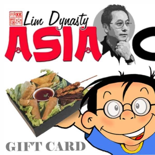 Lim Dynasty Asia Cafe & Xpress logo with a cartoon boy holding a platter of Asian appetizers.