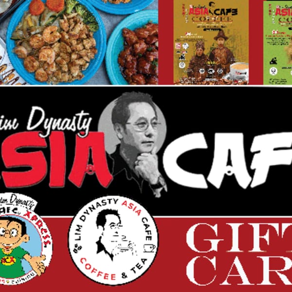 Collage of Lim Dynasty Asia Cafe & Xpress branding, Asian-fusion dishes, and gift card text.
